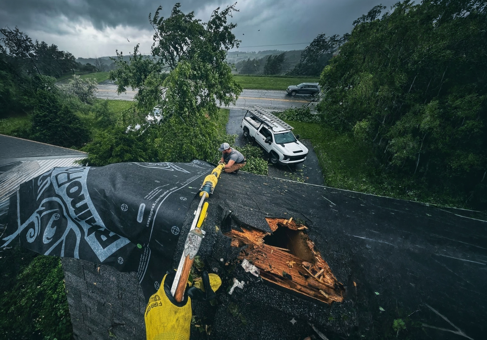 Rooftop Relief crew repairing a leaking roof in Cincinnati, Ohio