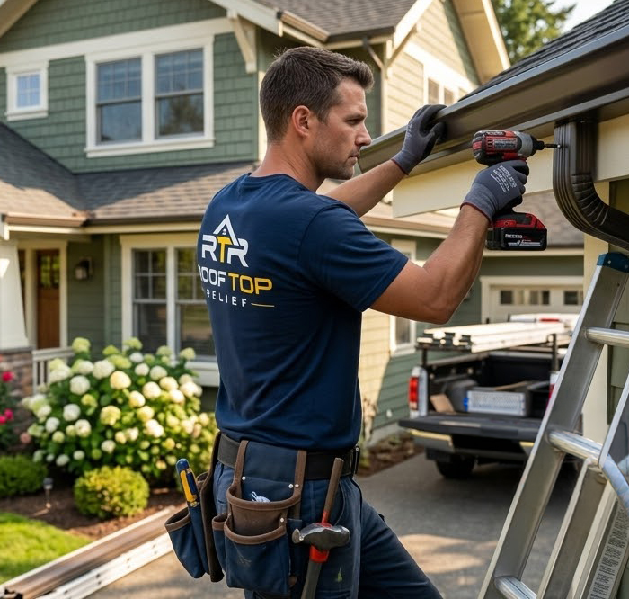 Rooftop Relief technician installing seamless gutters on a Cincinnati home
