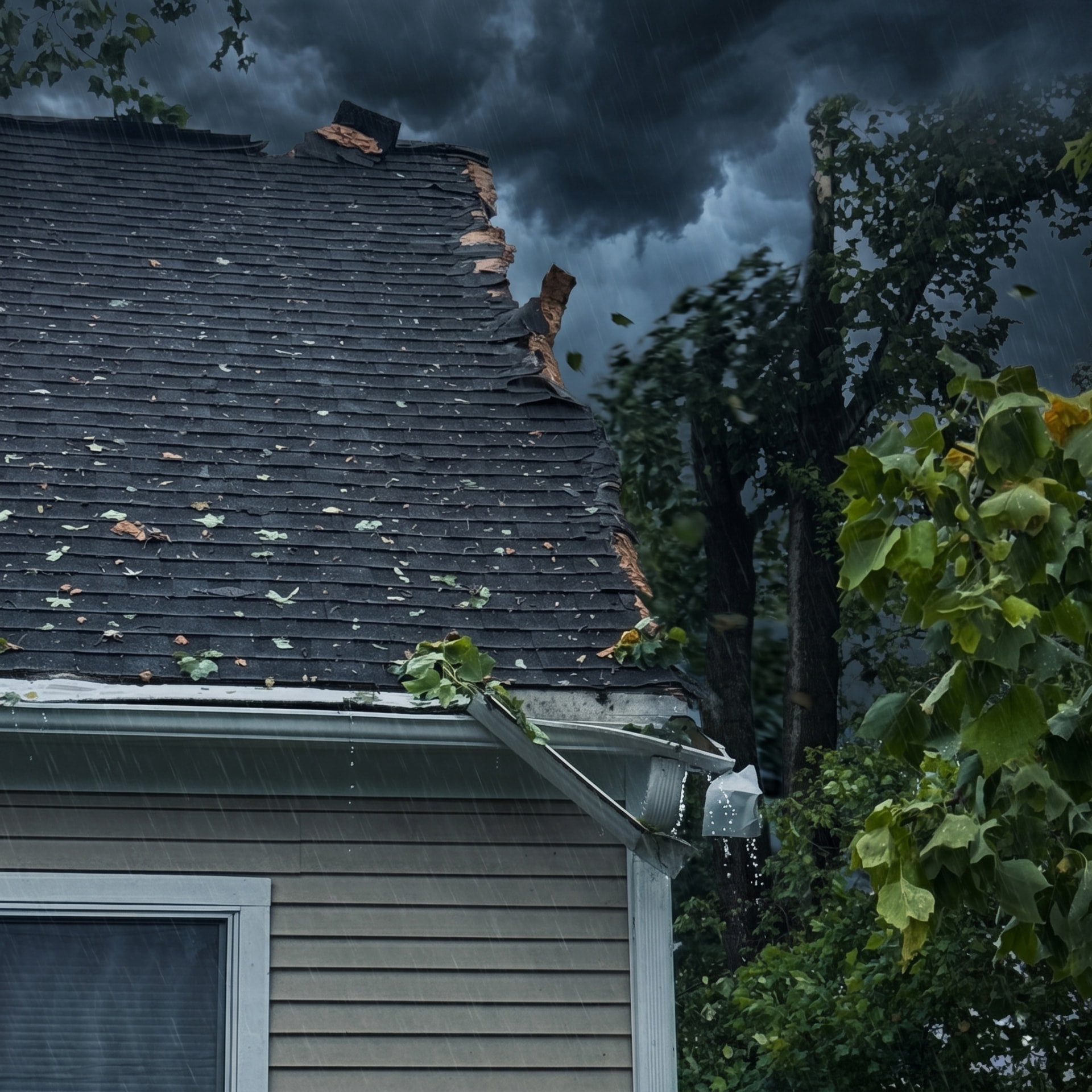 Storm-damaged shingle roof with a torn-off ridge on a home near Cincinnati during heavy rain