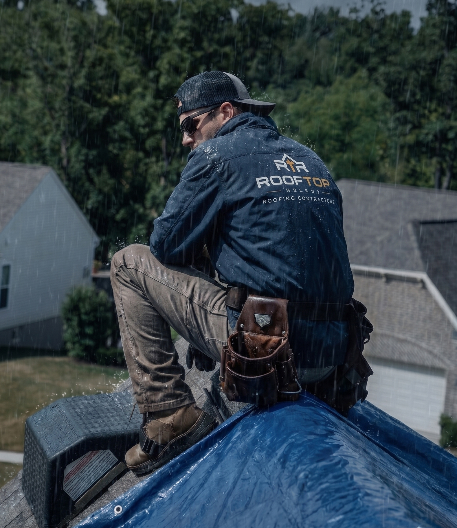 Rooftop Relief roofer in a branded navy jacket securing an emergency tarp on a Cincinnati roof during heavy rain