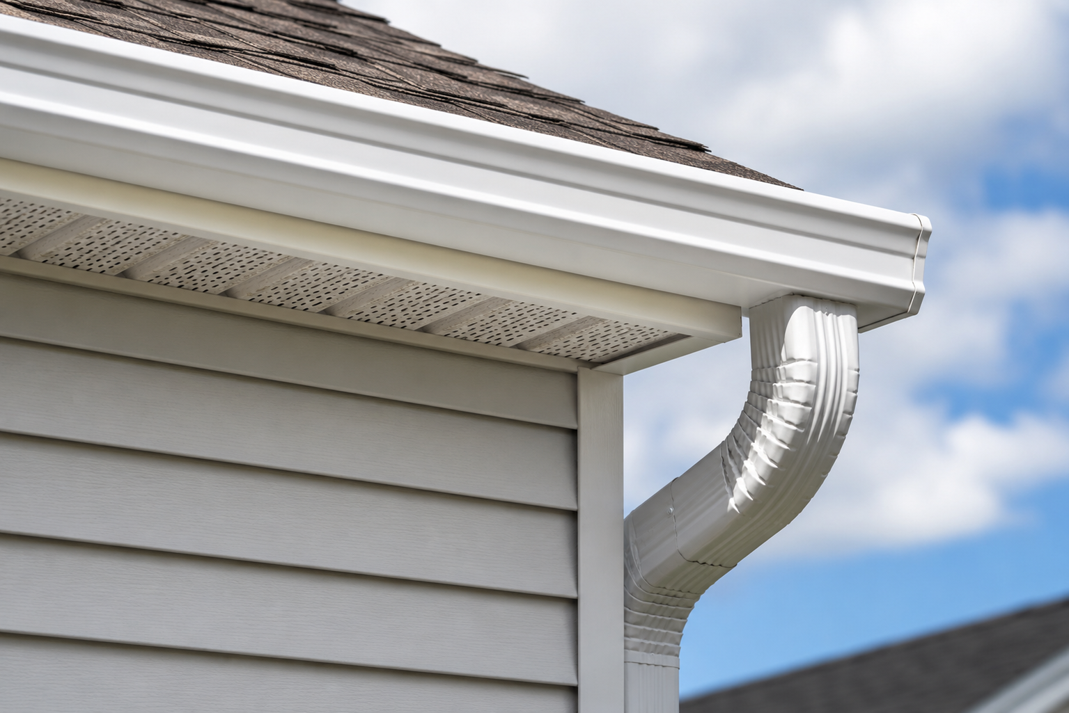 New white seamless gutters and downspout installed on a Cincinnati-area home
