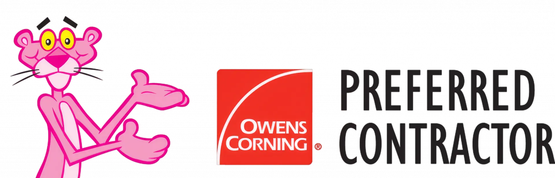 Rooftop Relief is an Owens Corning Roofing Preferred Contractor — official badge with the Owens Corning Pink Panther