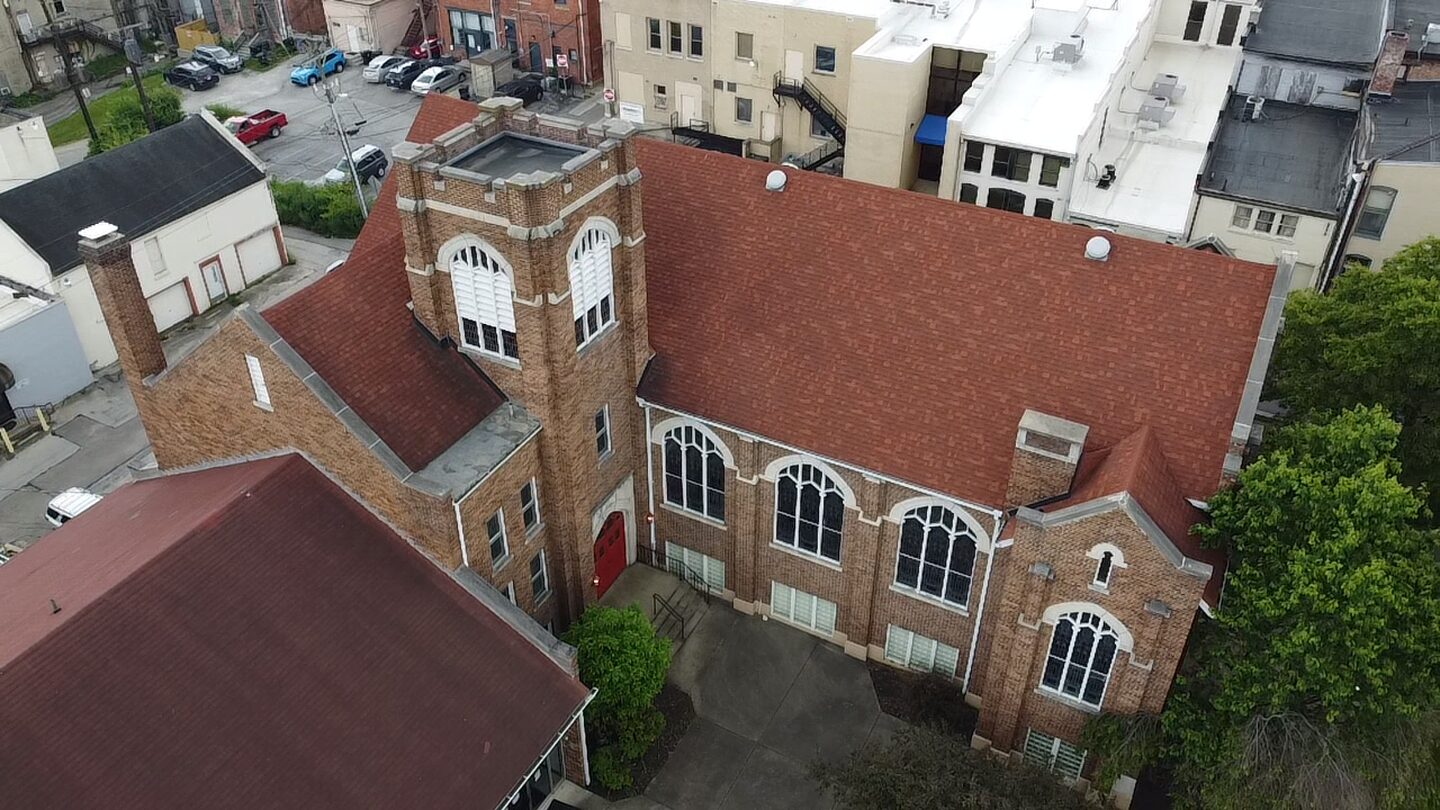 Aerial view of commercial church roof in Cincinnati
