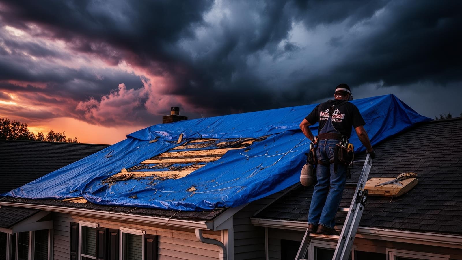 Rooftop Relief crew making an emergency roof repair after storm damage in Greater Cincinnati