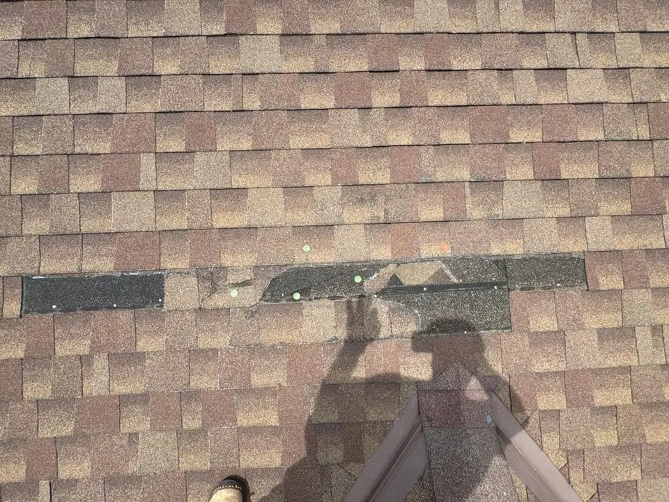 Strip of shingles missing from a roof slope after a storm, photographed during an inspection