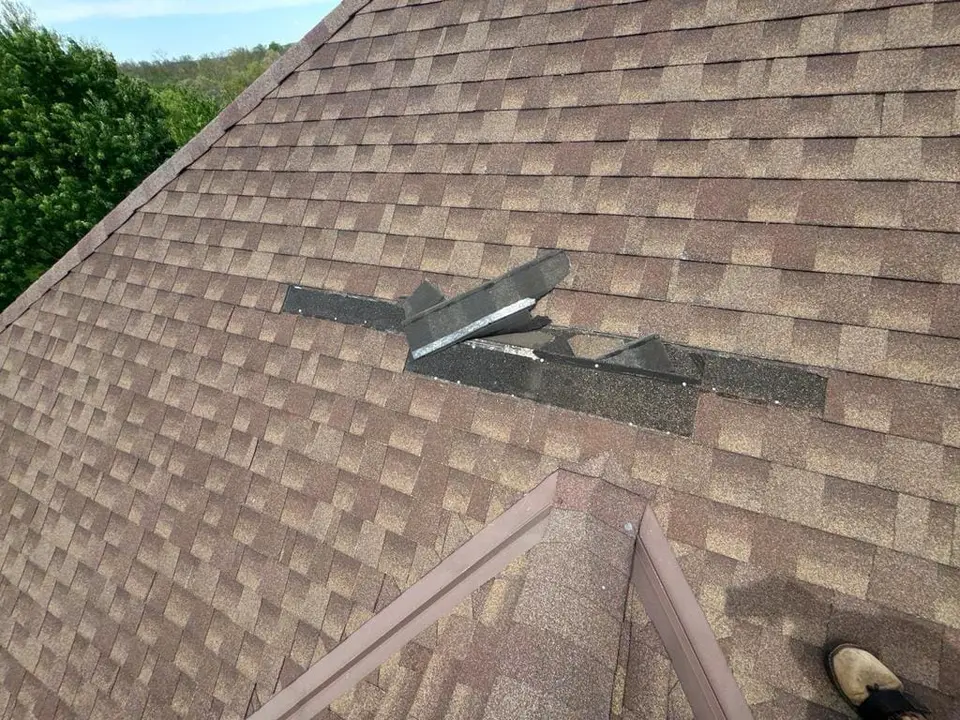 Shingle tabs torn away by storm winds on an architectural shingle roof