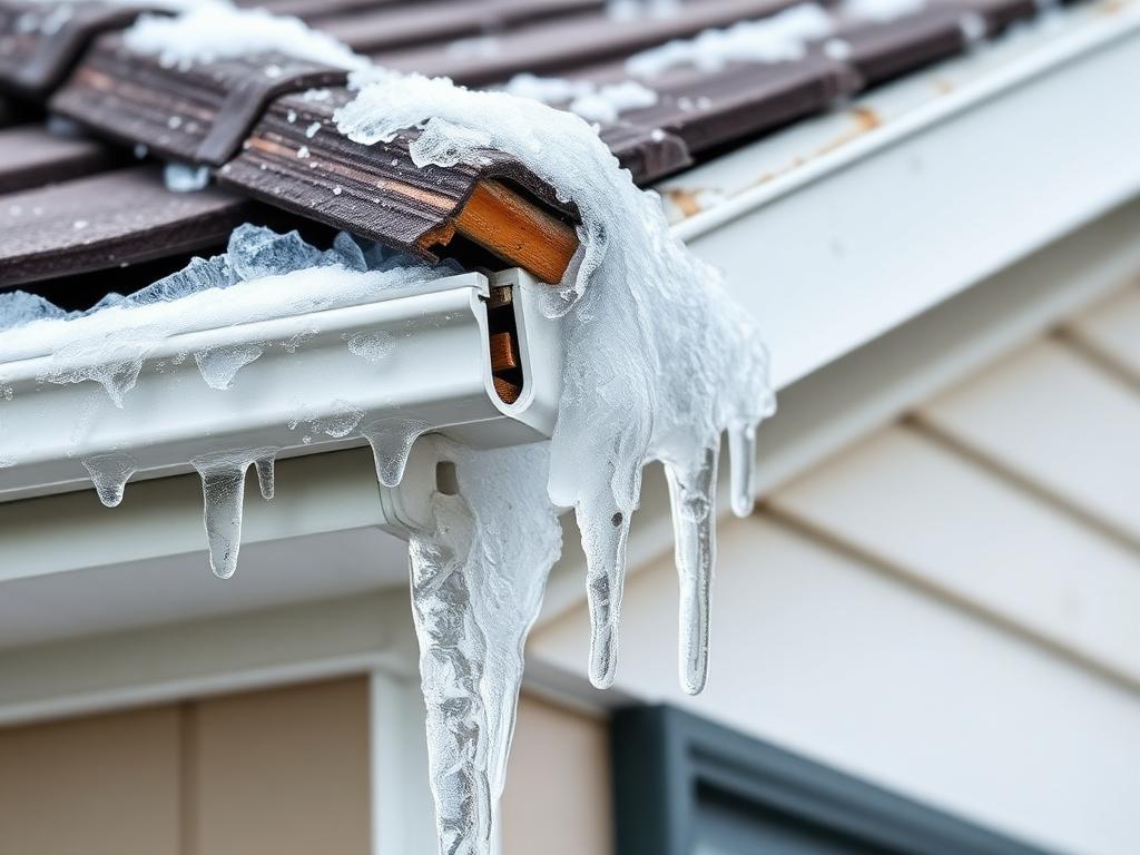 Ice dam damaging gutters and fascia on residential roof edge in winter
