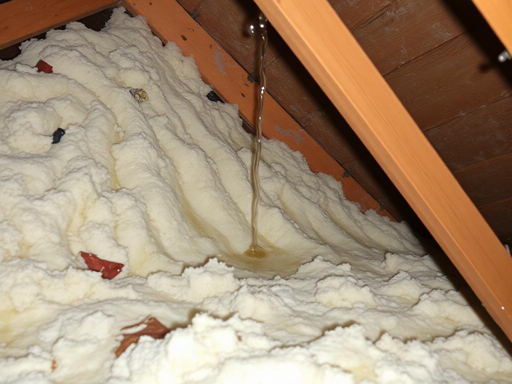 Wet attic insulation damaged by ice dam water leak in Cincinnati home
