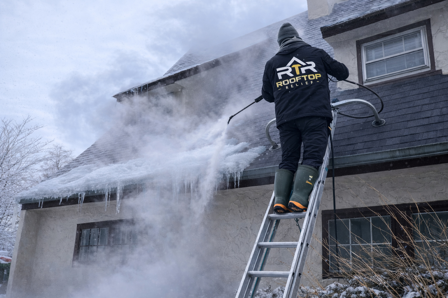 Rooftop Relief technician performing professional ice dam removal with steam equipment on Cincinnati roof