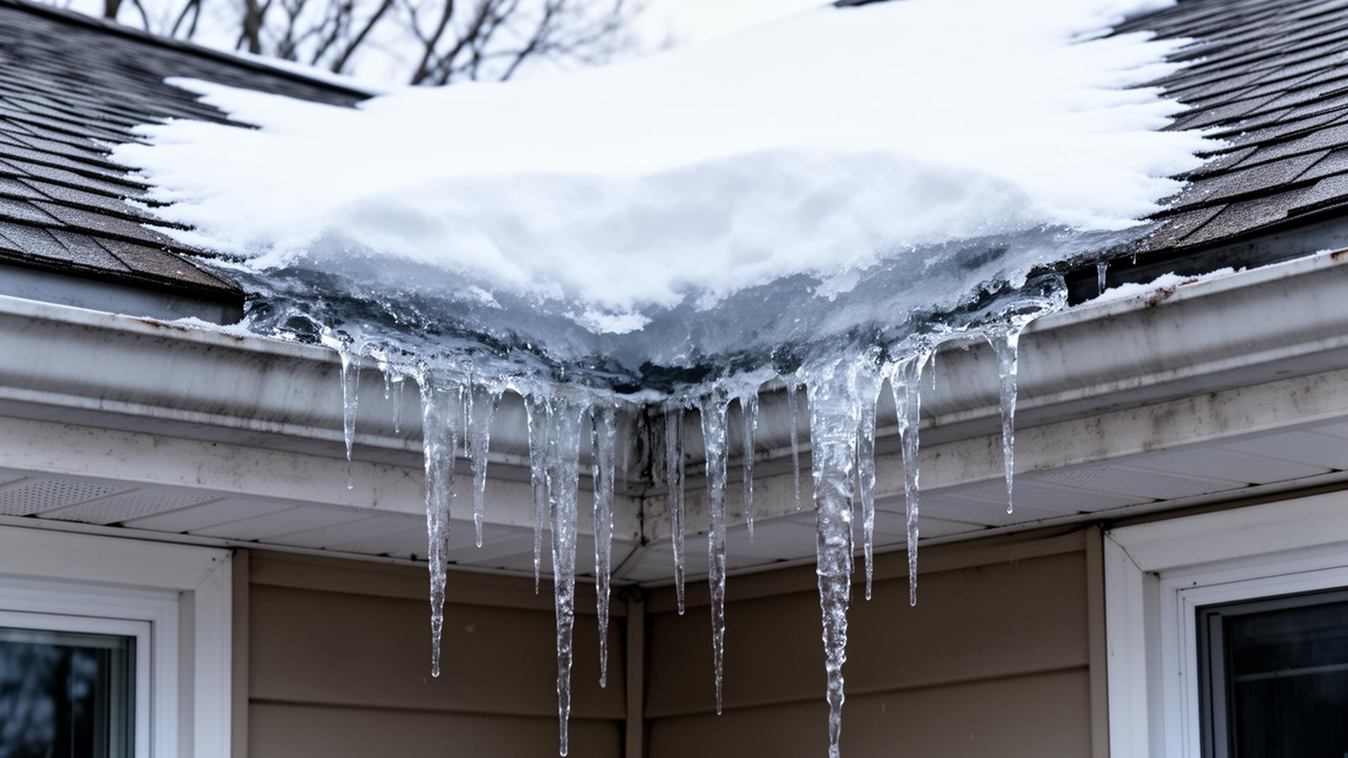 Ice dam forming along roofline with icicles hanging from gutters on Cincinnati area home
