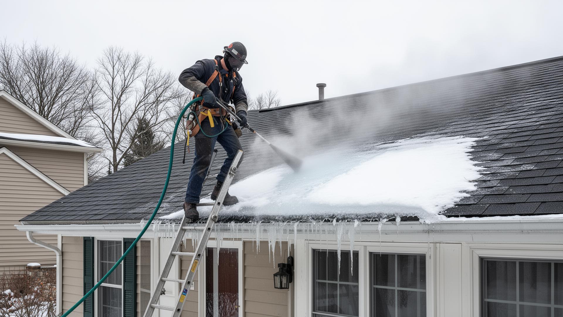 Roofing professional using steam equipment to remove ice dam from residential roof edge in winter