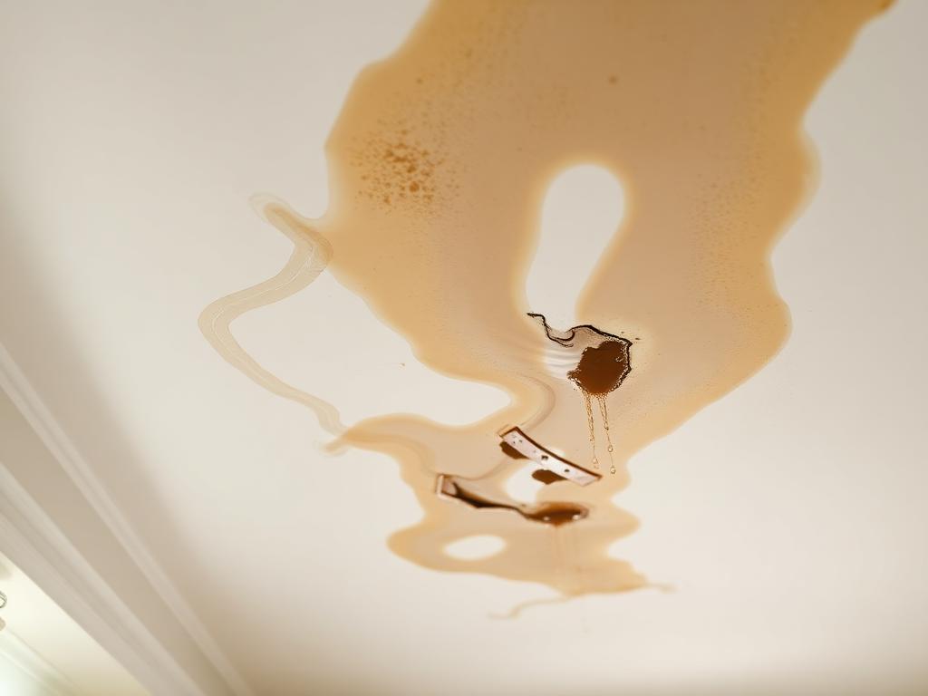 Water damage on ceiling from ice dam water infiltration requiring professional ice dam removal