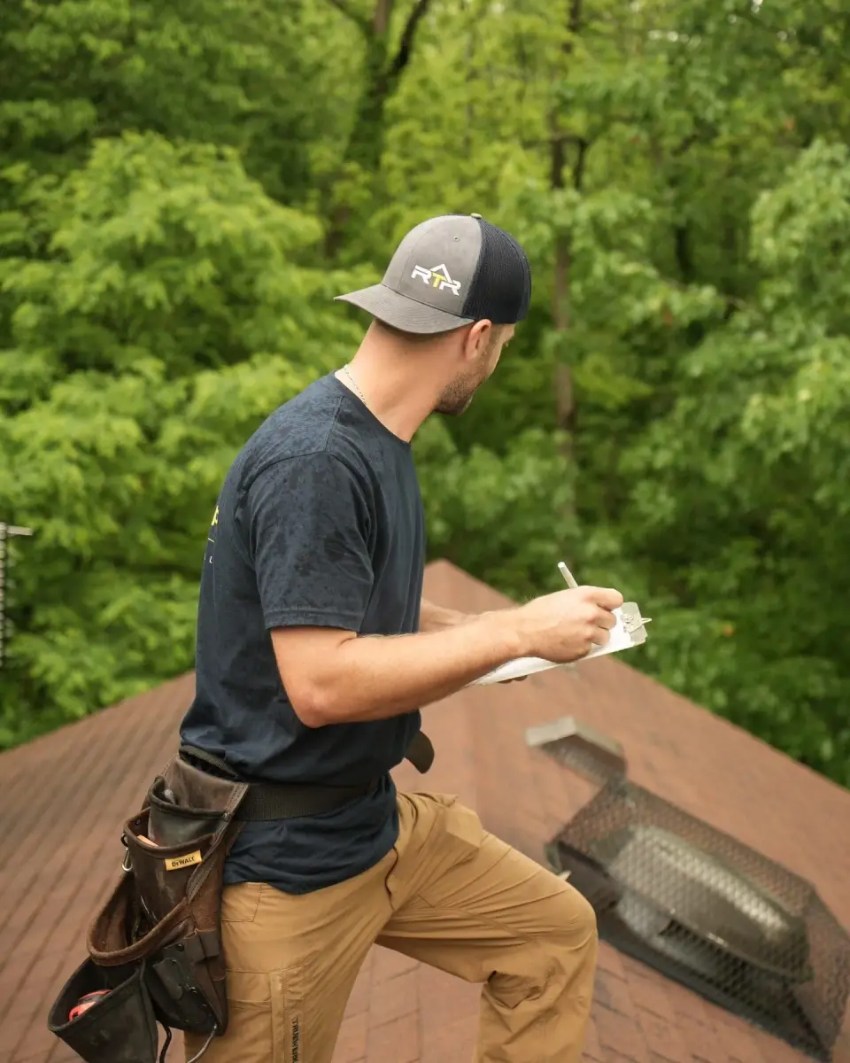 Rooftop Relief inspector taking notes on a clipboard during a roof inspection