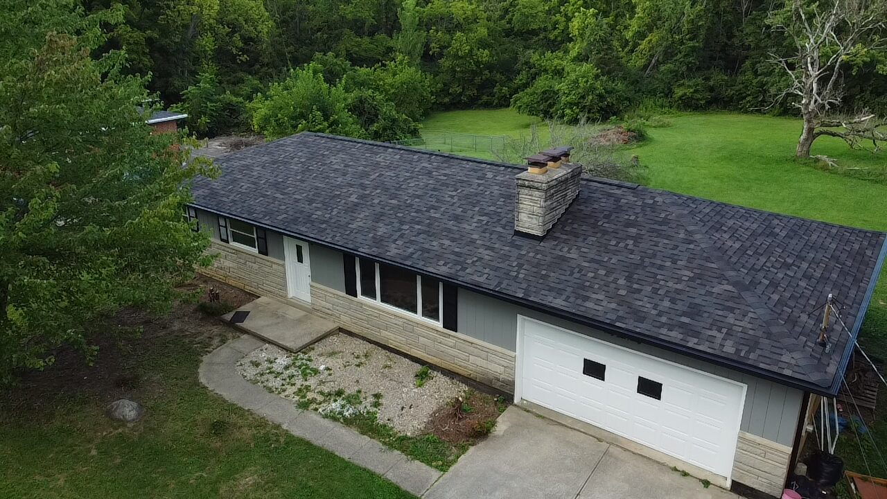Completed roof replacement on a ranch-style home in Mason, Ohio