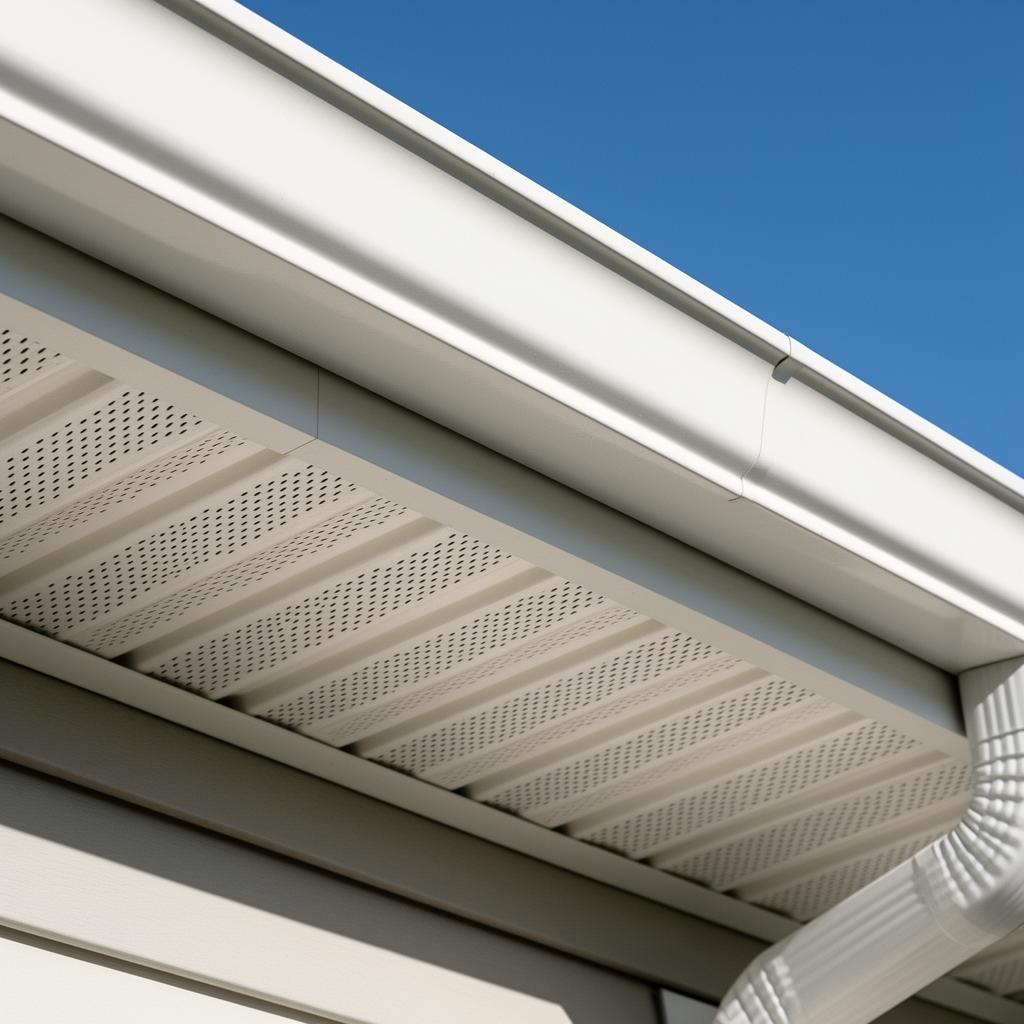 Brand new white vented soffits and fascia freshly installed on a home