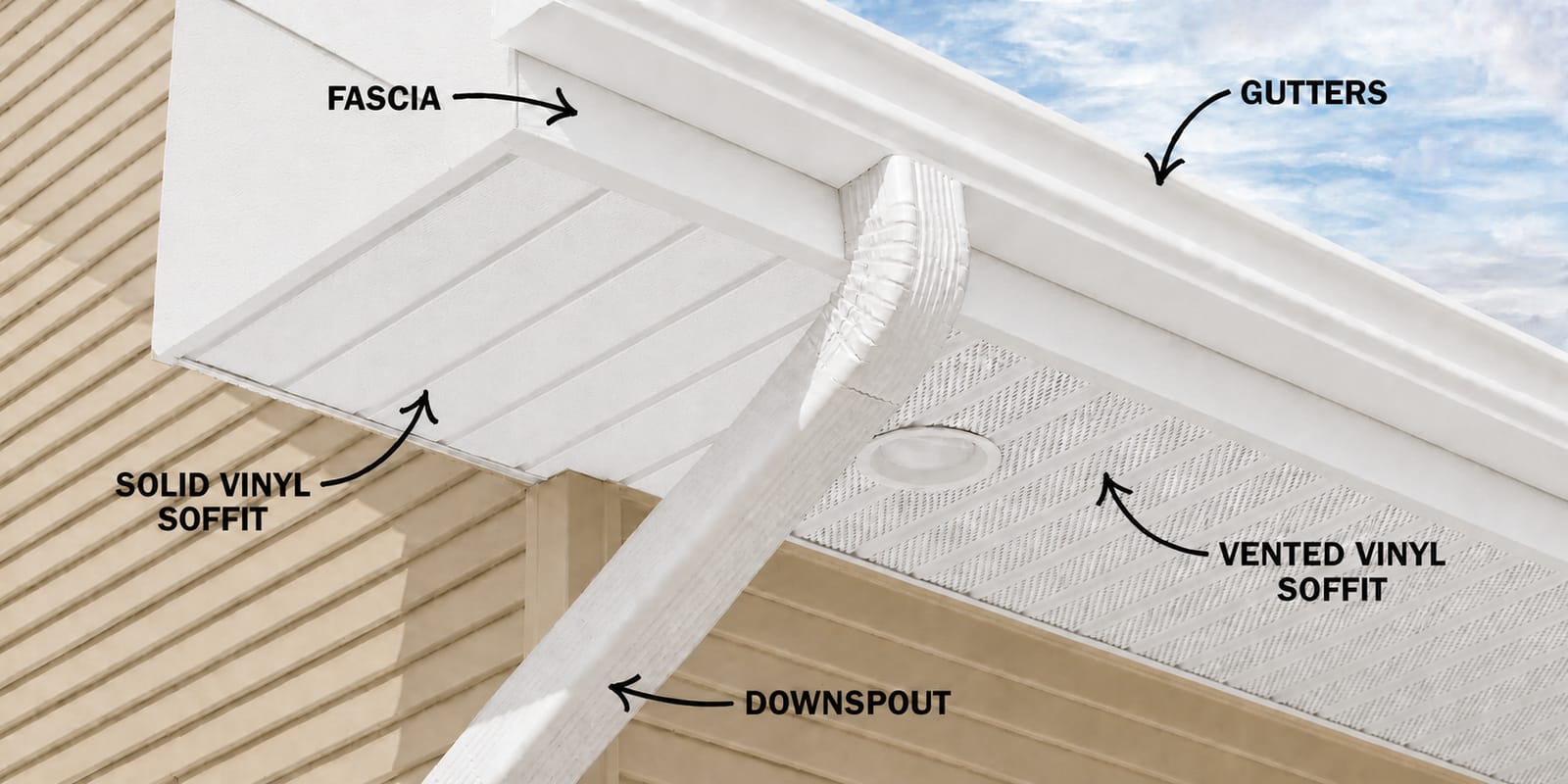 Underside of a roof overhang with labels pointing to the fascia, gutters, downspout, solid vinyl soffit and vented vinyl soffit.