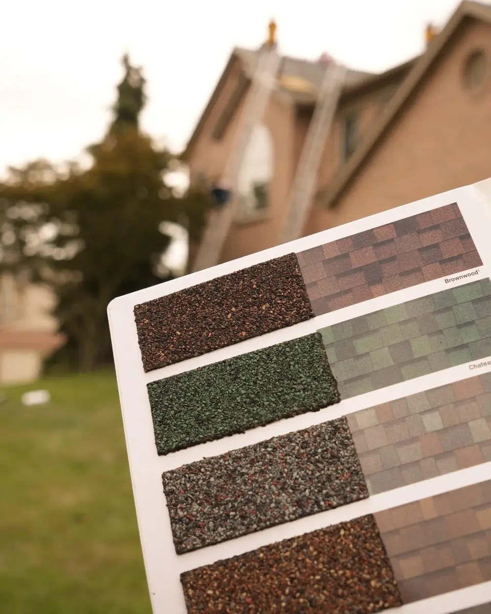 Homeowner holding an Owens Corning shingle sample board outside their home