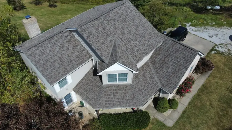 Overhead view of a completed full roof replacement with dormers in West Chester, Ohio